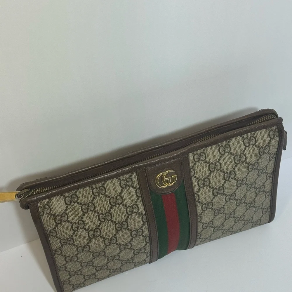 AUTHENTIC Gucci Beige Monogram Pouch/Clutch  with Green and Red Web